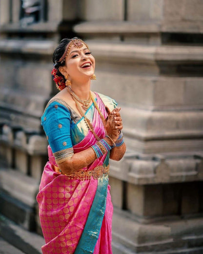 Bhavika - Dark Pink Banarasi Silk Saree with Jacquard Weaving & Firozi Blouse