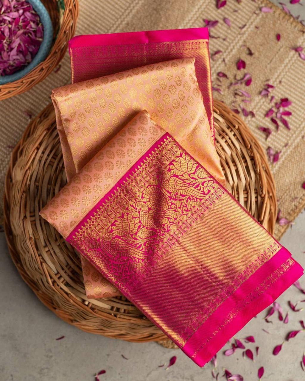 Vrishti - Peach Soft Banarasi Silk Saree with Pink Jacquard Zari Border
