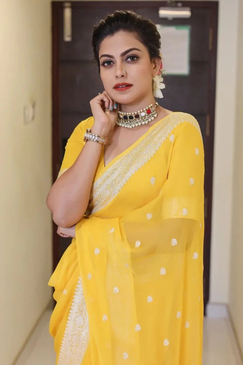 Samaira - Yellow Soft Silk Saree with Subtle Jacquard and Matching Blouse