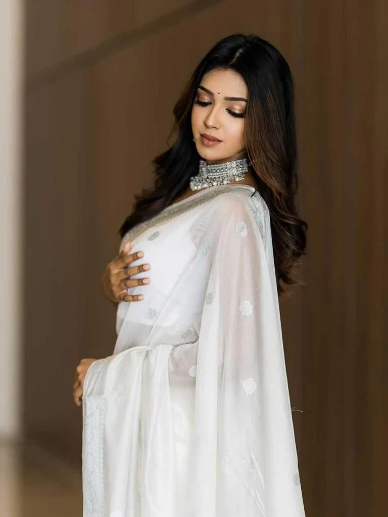 Samaira - White Soft Silk Saree with Subtle Jacquard and Matching Blouse