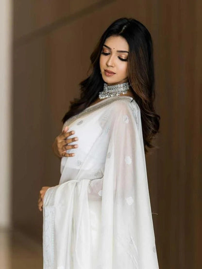 Samaira - White Soft Silk Saree with Subtle Jacquard and Matching Blouse