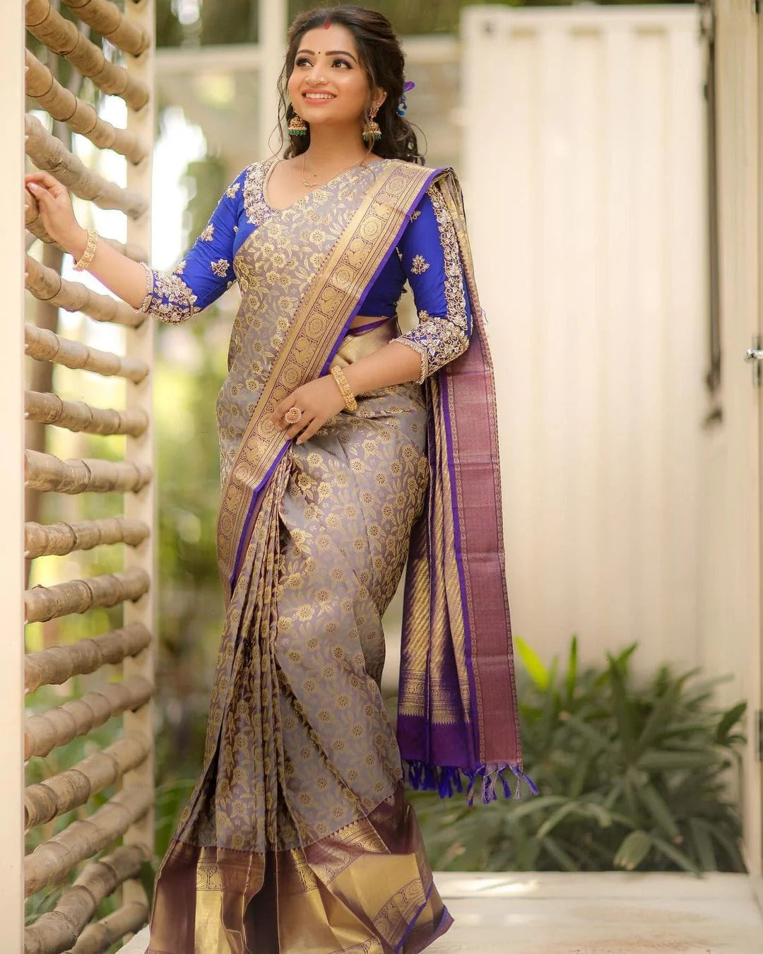 Annapurna - Grey Soft Silk Saree with Jacquard Work and Dual Blue Blouse Options