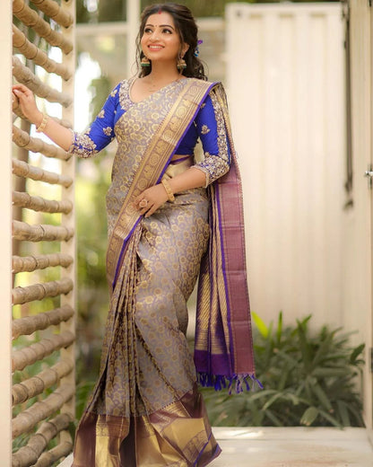 Annapurna - Grey Soft Silk Saree with Jacquard Work and Dual Blue Blouse Options