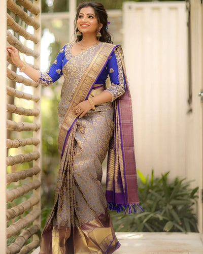Annapurna - Grey Soft Silk Saree with Jacquard Work and Dual Blue Blouse Options