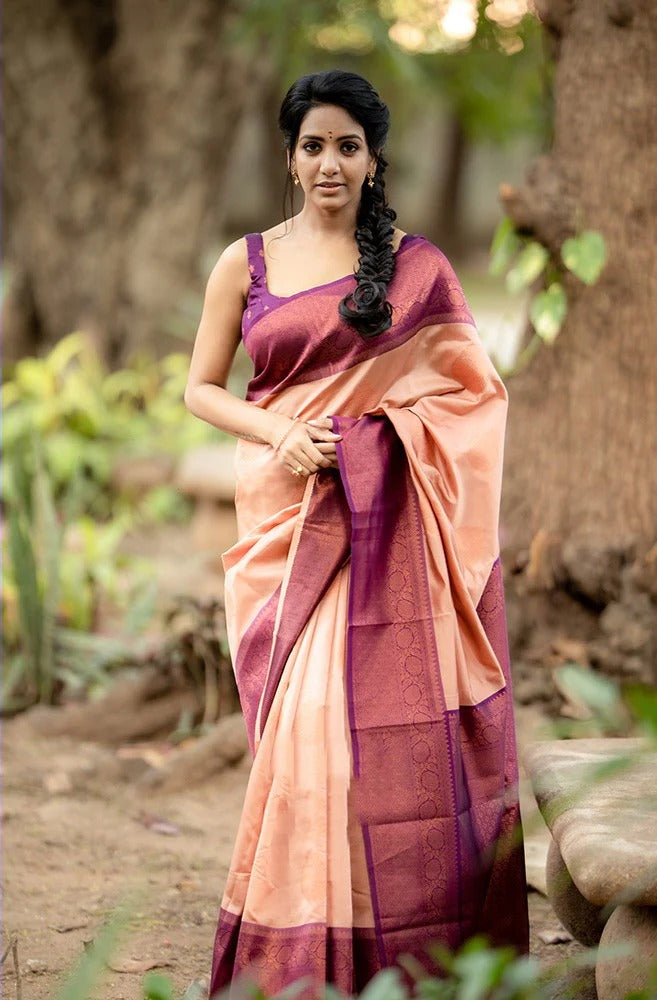 Kavya - Peach Soft Banarasi Silk Saree with Copper Jacquard Buttas