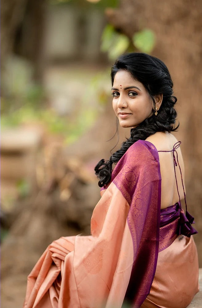 Kavya - Peach Soft Banarasi Silk Saree with Copper Jacquard Buttas