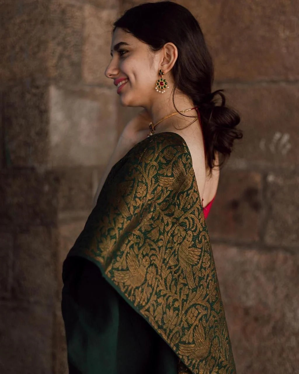 Charvika - Green Soft Silk Saree with Antique Gold Border and Red Blouse