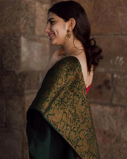 Charvika - Green Soft Silk Saree with Antique Gold Border and Red Blouse