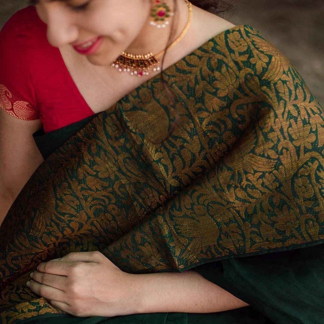 Charvika - Green Soft Silk Saree with Antique Gold Border and Red Blouse