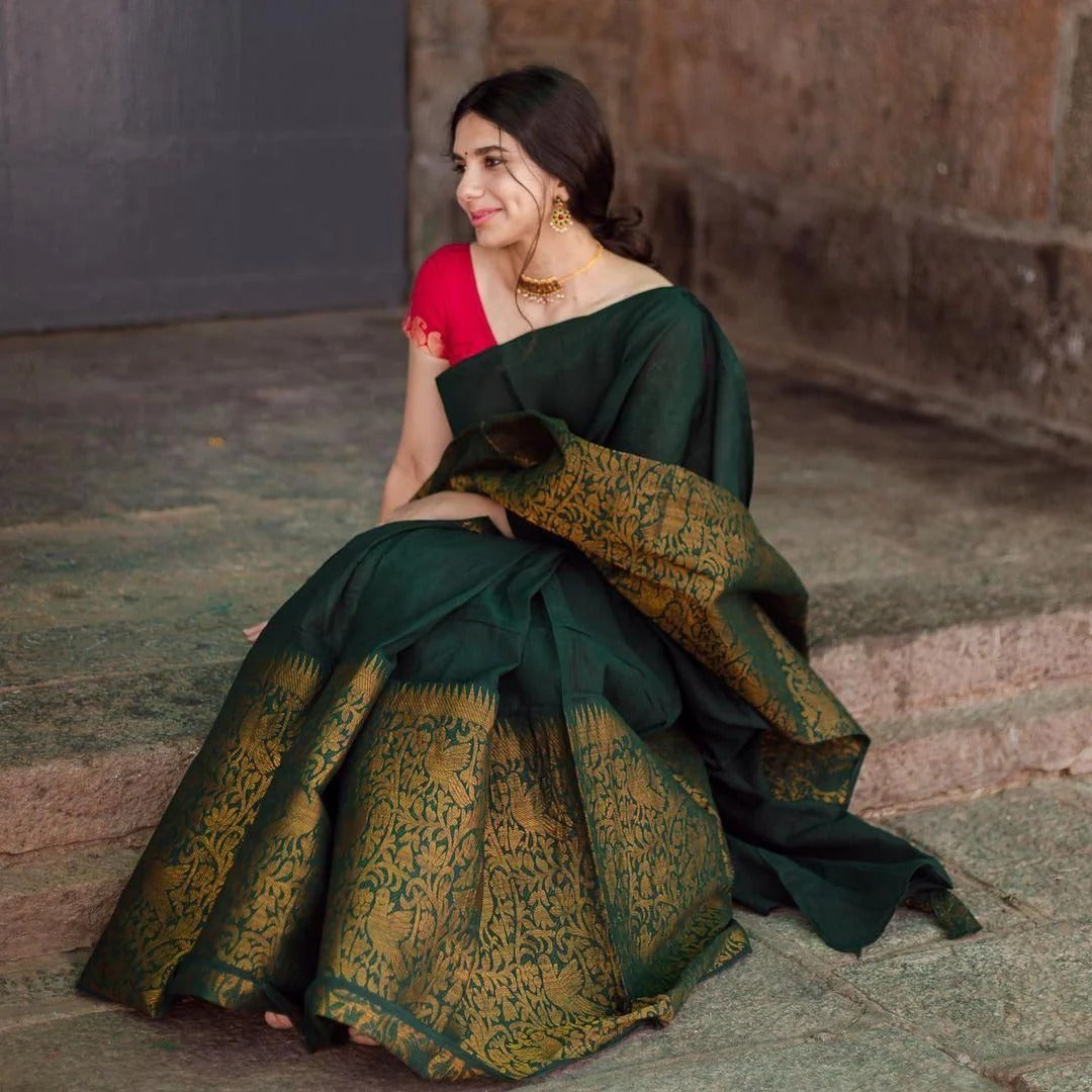 Charvika - Green Soft Silk Saree with Antique Gold Border and Red Blouse